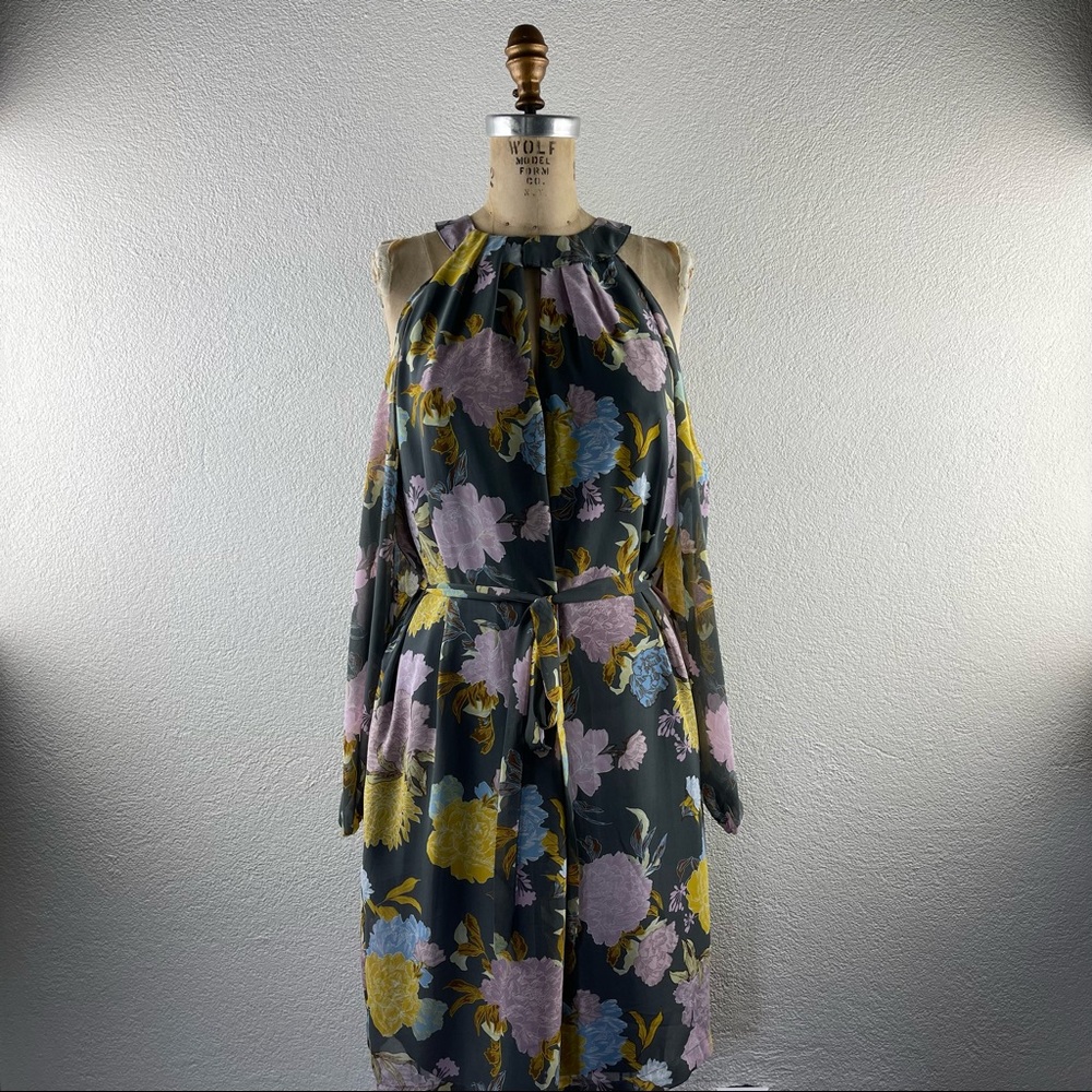 NY & Co l L Feminine Pastel Floral Sheer Chiffon Cold Shoulder Long Sleeve Dress